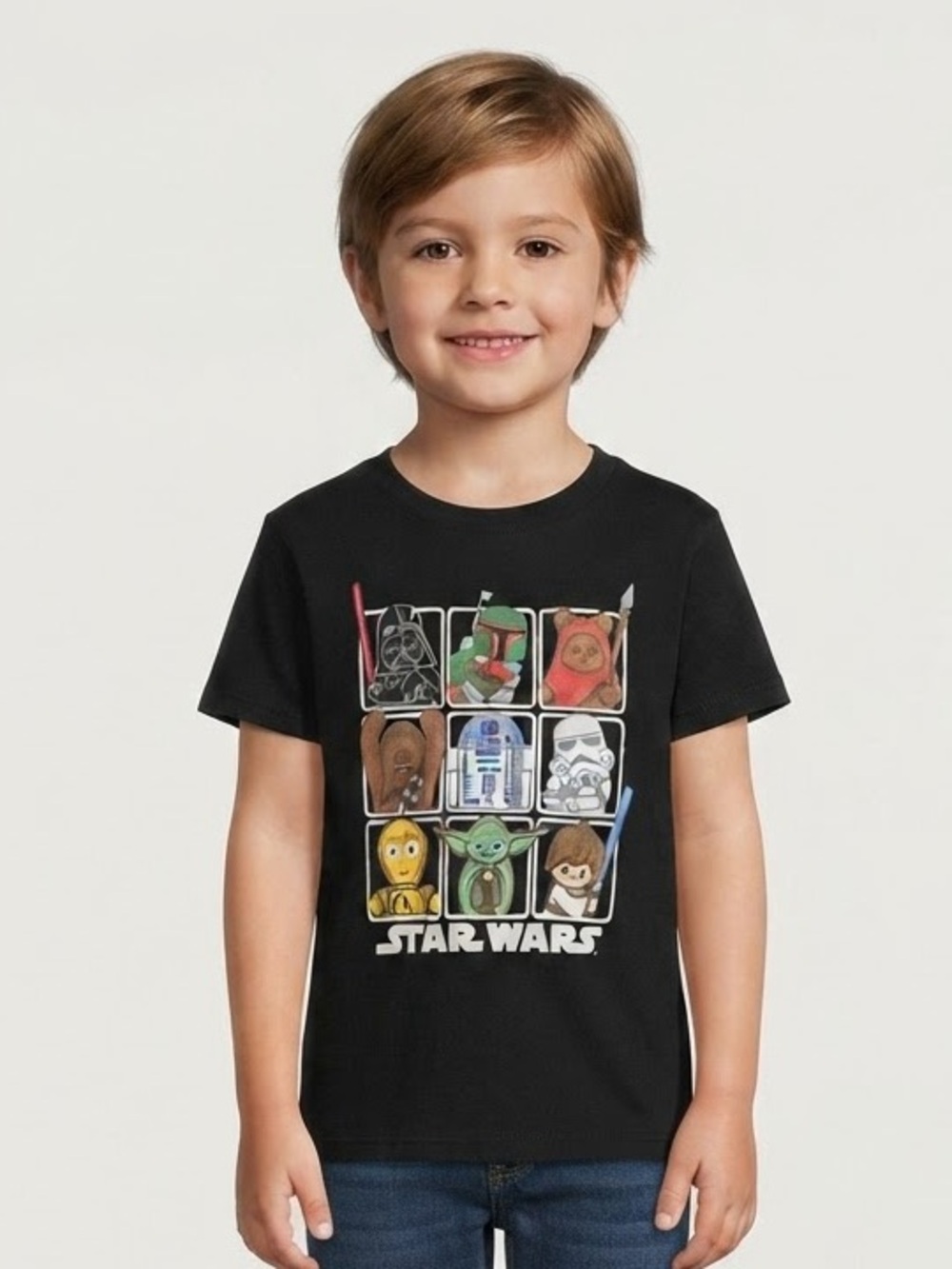 STAR WARS Chibi Character Grid Graphic Tee S Black EUC